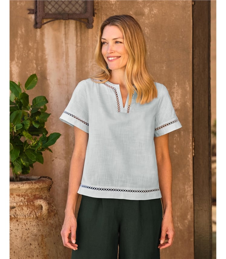 Embroidered Notch Neck Linen Top