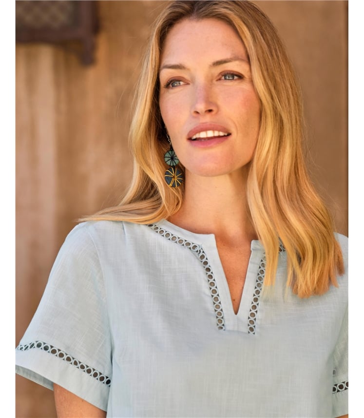 Embroidered Notch Neck Linen Top