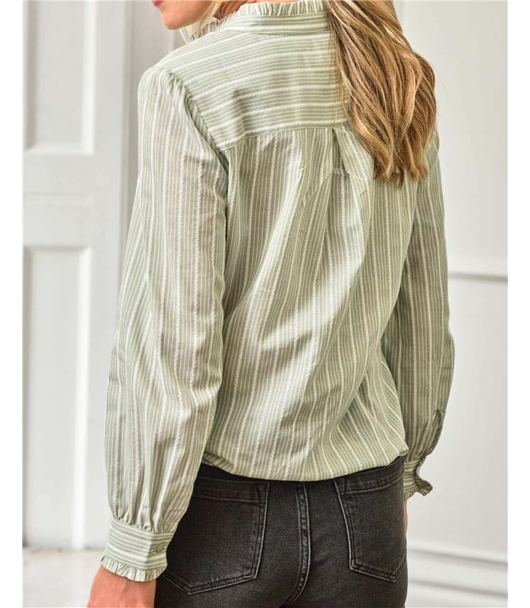 Washed Cotton Poplin Frilled Stand Collar Shirt