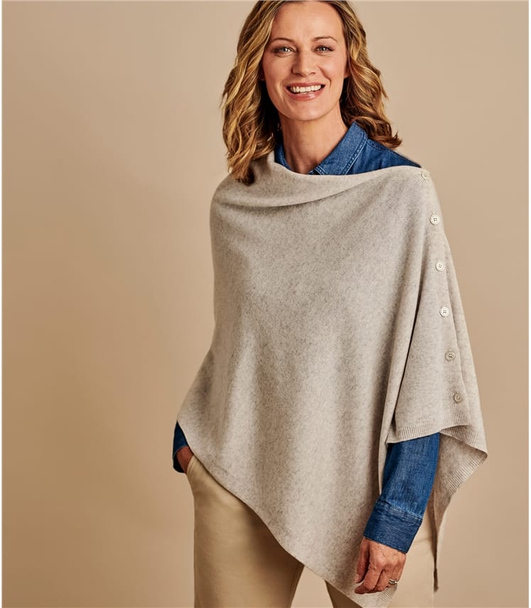 Dove Grey | Womens Cashmere Merino Blend Button Poncho | WoolOvers UK