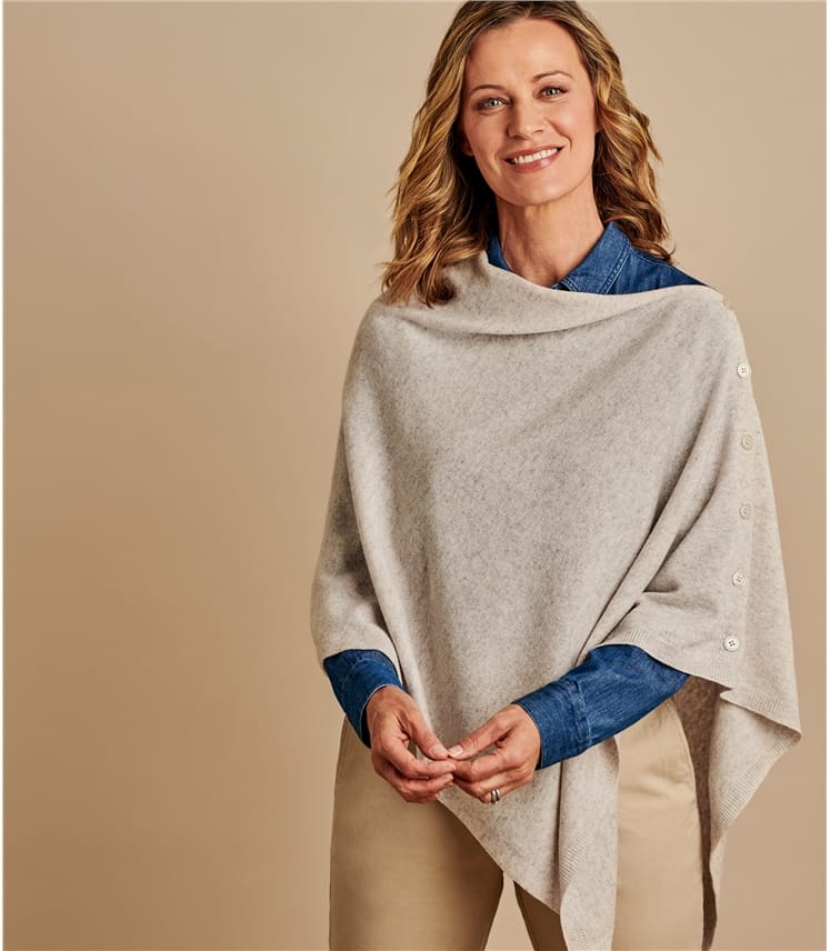 Dove Grey | Womens Cashmere Merino Blend Button Poncho | WoolOvers UK