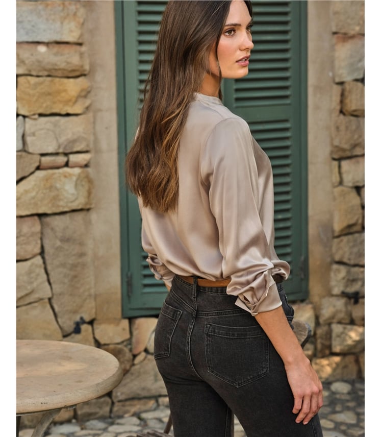 Pure Silk Collarless Relaxed Shirt