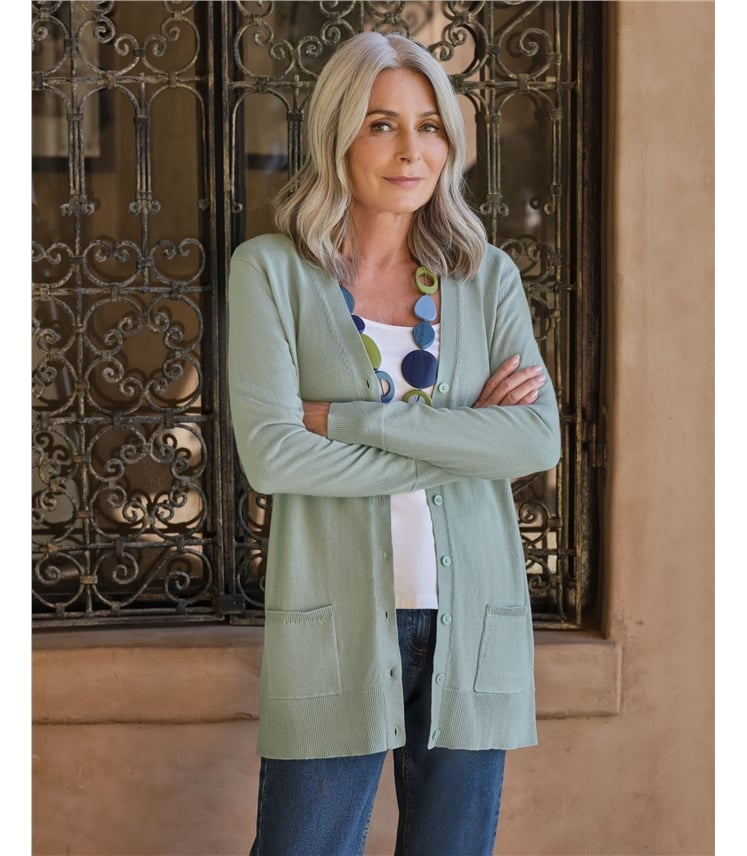 Long-Strickjacke mit V-Ausschnitt aus Baumwolle und Kaschmir