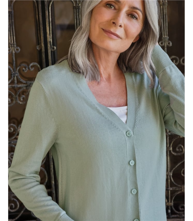 Long-Strickjacke mit V-Ausschnitt aus Baumwolle und Kaschmir