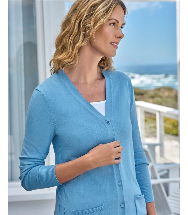 Long-Strickjacke mit V-Ausschnitt aus Baumwolle und Kaschmir