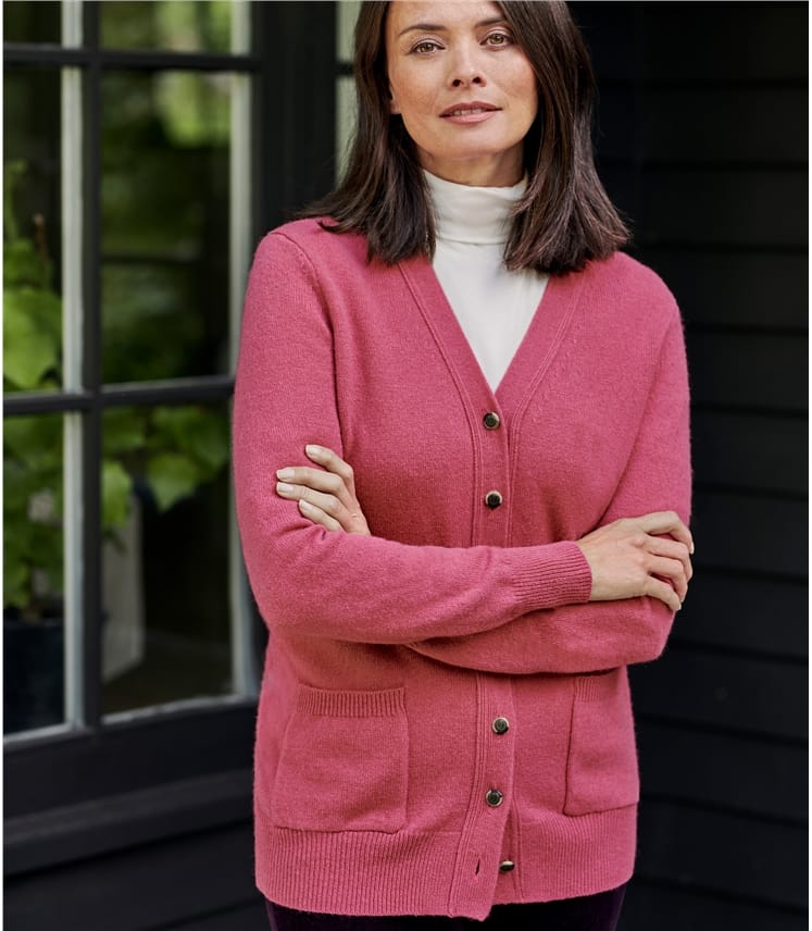 Peony Pink | Womens Lambswool V Neck Cardigan | WoolOvers US