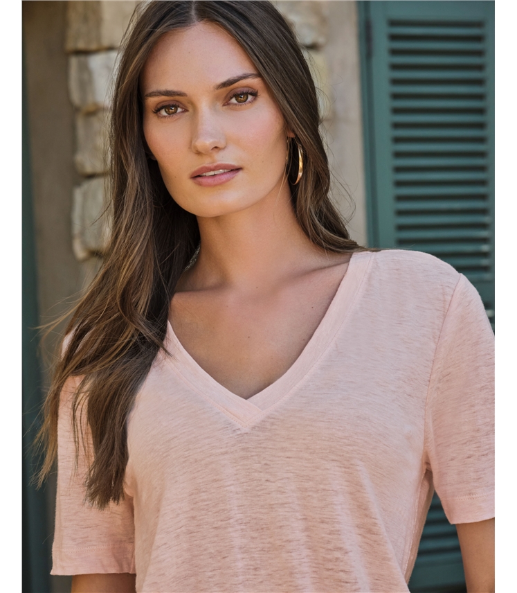Linen Short Sleeve V Neck T-Shirt