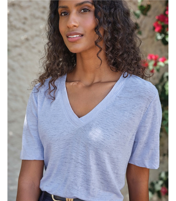 Linen Short Sleeve V Neck T-Shirt