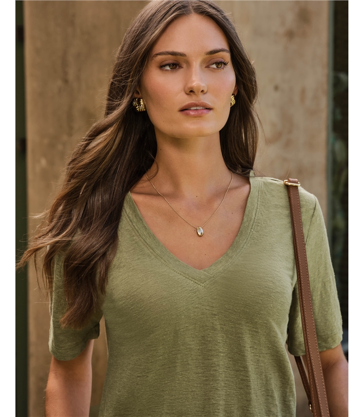 Linen Short Sleeve V Neck T-Shirt
