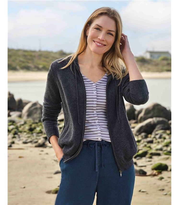 Kapuzenstrickjacke aus Kaschmir und Merinowolle für Damen
