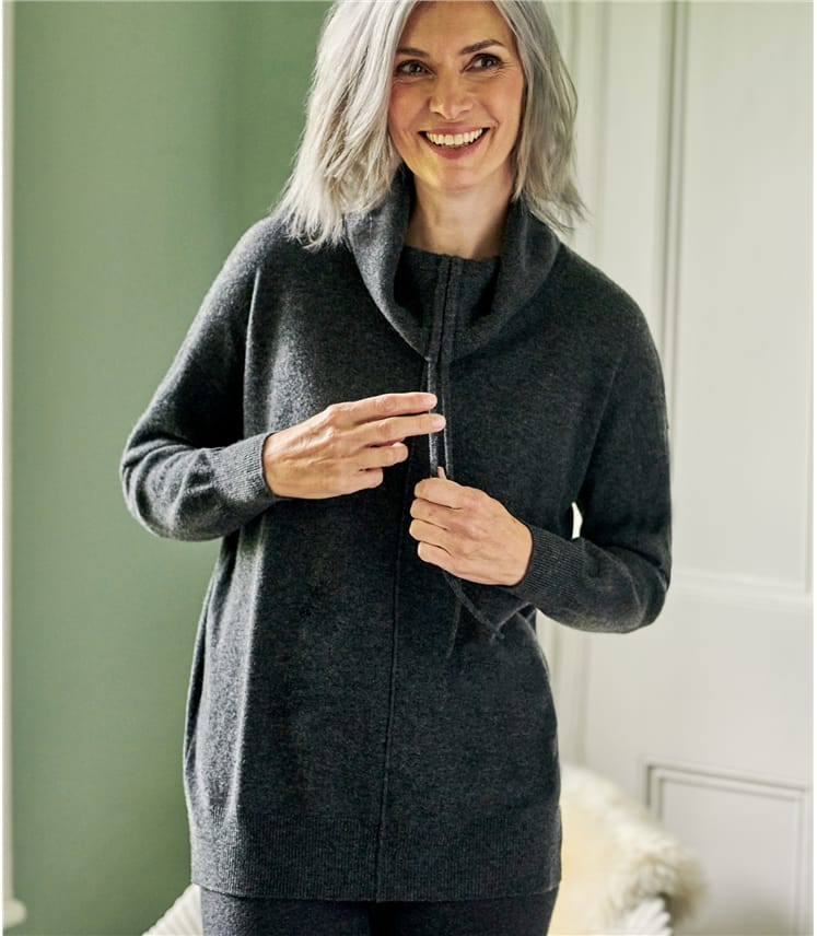 Dark Charcoal Womens Cashmere Merino Drawstring Cowl Neck WoolOvers US