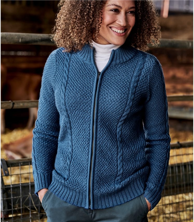 Peacock Navy | Womens Pure Wool Zip Front Cable Cardi | WoolOvers US