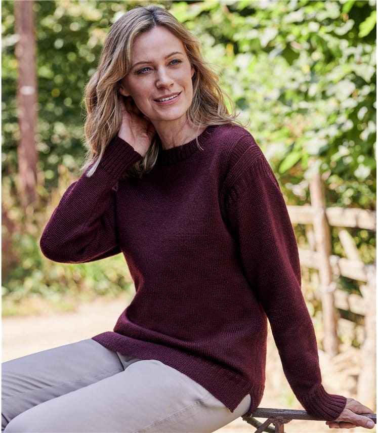 Dark Plum | Womens Pure Wool Guernsey Jumper | WoolOvers UK