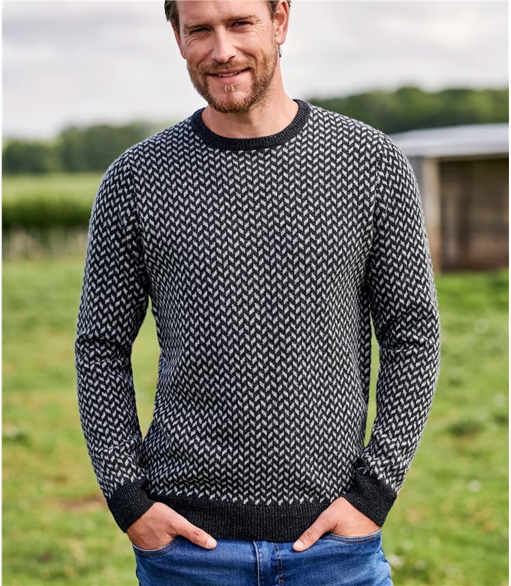 Charcoal/Grey Marl | Mens Lambswool Chevron Stitch Sweater | WoolOvers US