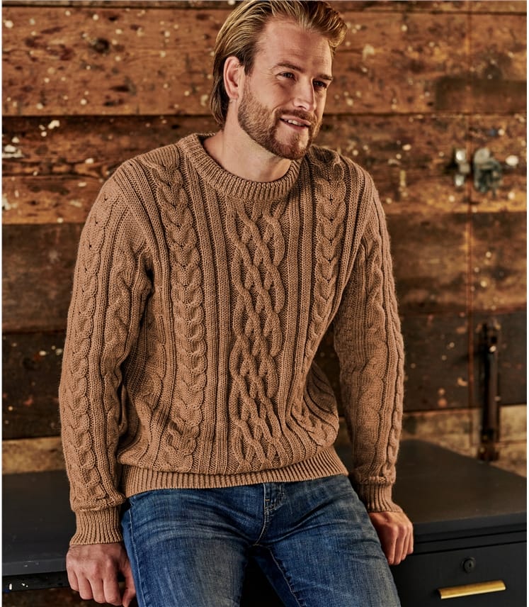 Tawny | Mens Pure Wool Aran Knitted Sweater | WoolOvers UK