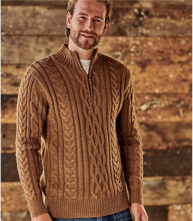 Tawny | Mens Pure Wool Aran Cable Zip Neck Knitted Sweater | WoolOvers US