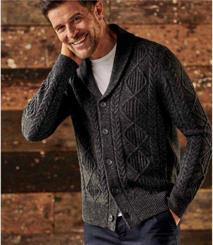 Charcoal | Lambswool Shawl Collar Cable Cardi | WoolOvers US
