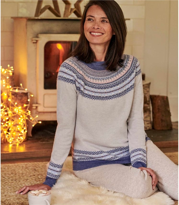 Grau/Blau | Damenpullover mit Fair Isle-Muster | Woolover DE