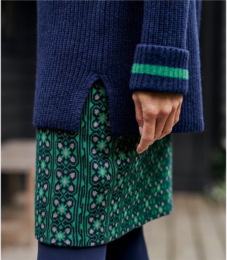 Navy/Green | Merino Wool Roll Neck Long Jumper | WoolOvers AU