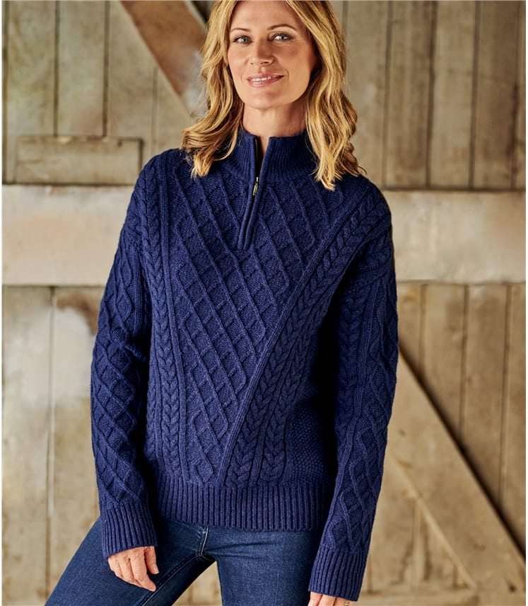 Neo Navy | Womens All Over Cable Half Zip Neck Jumper | WoolOvers UK