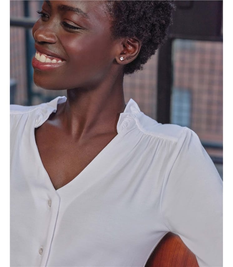 White | Frill Open Neck Jersey Top | WoolOvers US