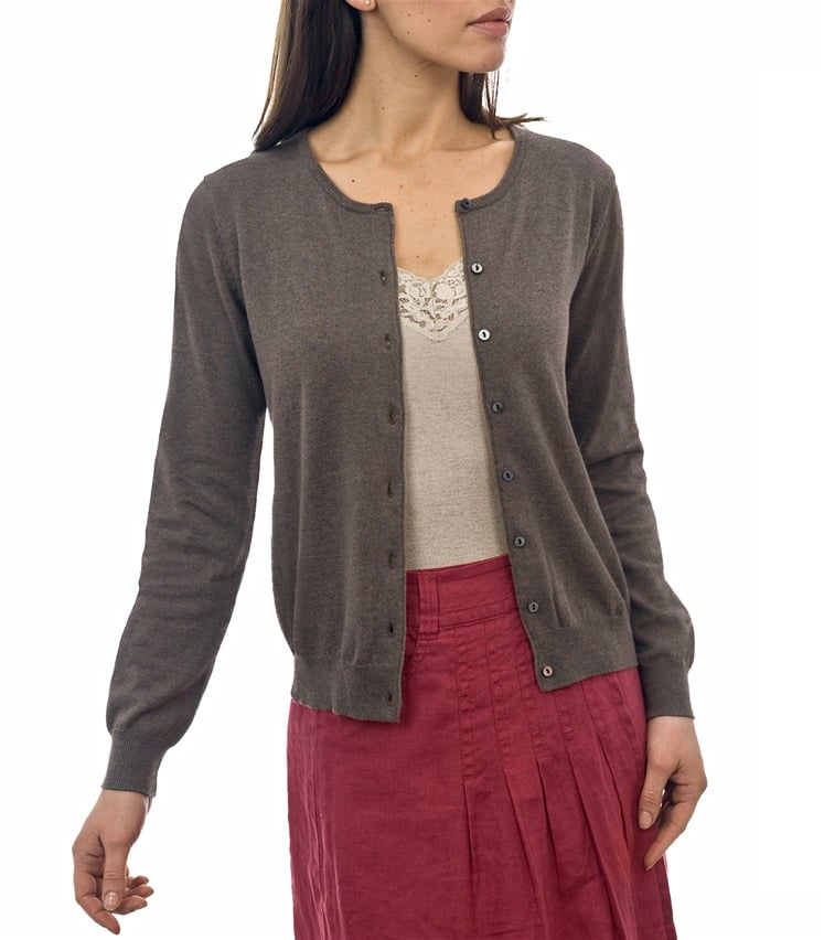 Brown Marl | Womens Silk & Cotton Crew Neck Cardigan | WoolOvers AU