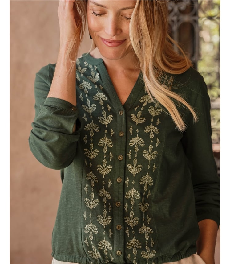 Palm Embroidered Tie Hem Top