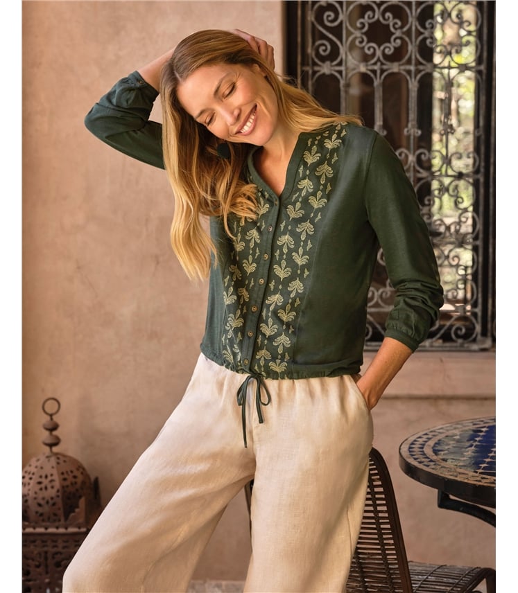 Palm Embroidered Tie Hem Top