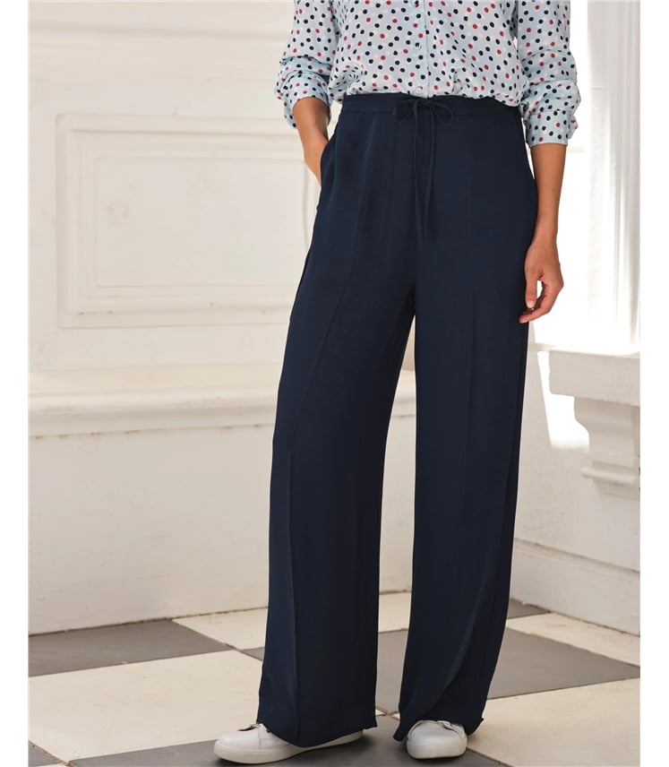 Tie Waist Elastic Back Wide Leg Trouser
