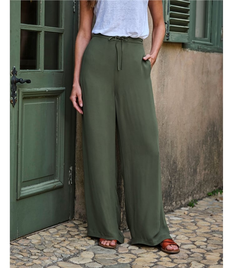 Tie Waist Elastic Back Wide Leg Trouser