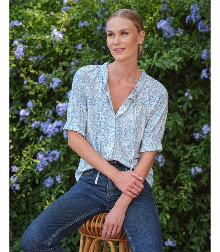 Short Sleeve Tie Frill Neck Blouse