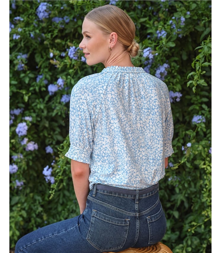 Short Sleeve Tie Frill Neck Blouse