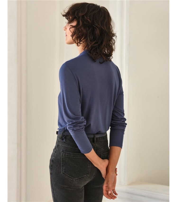 Mid Blue | Wrap Drape Neck Long Sleeve Top | WoolOvers UK