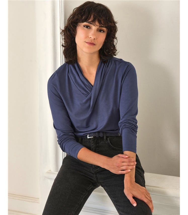 Mid Blue | Wrap Drape Neck Long Sleeve Top | WoolOvers UK