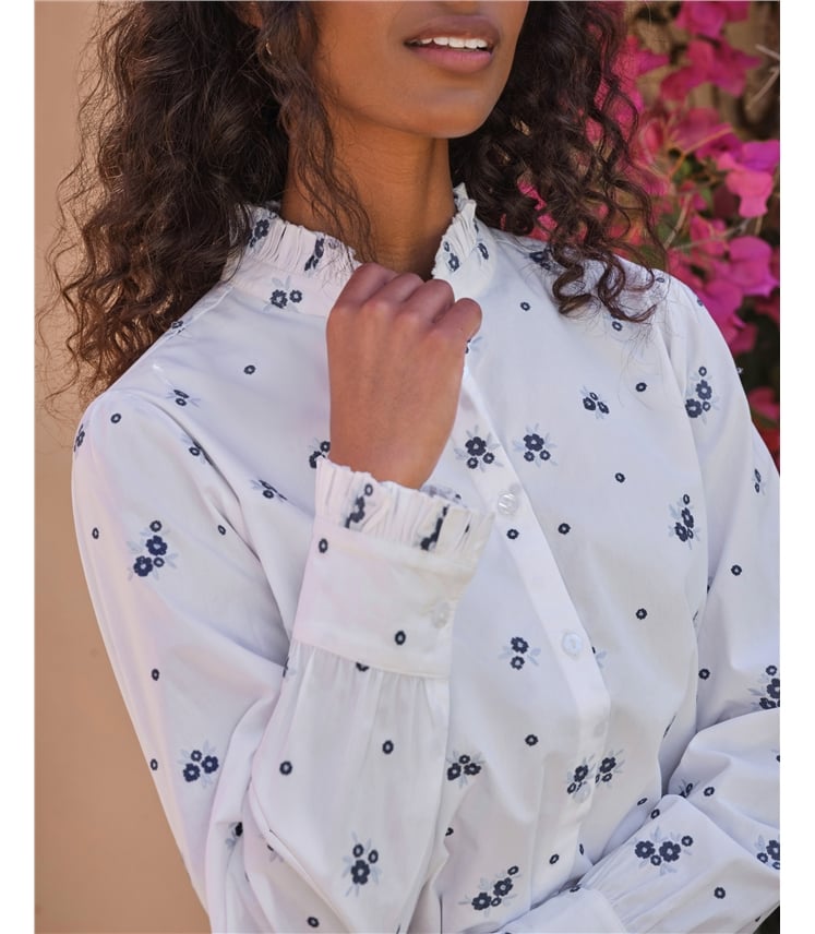 Embroidered Frill Neck Cotton Shirt