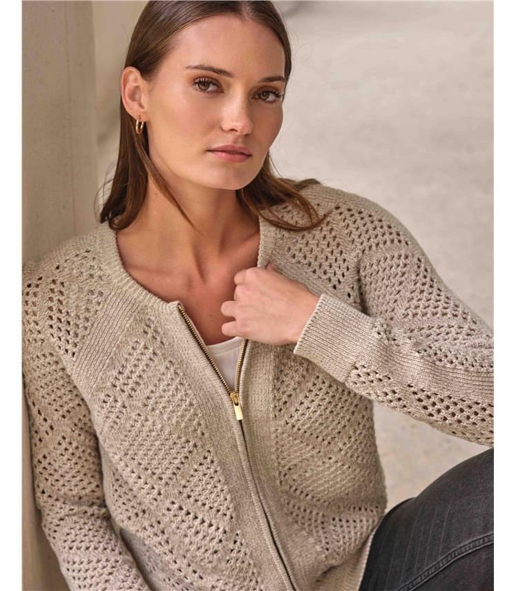 Cotton Mesh Zip Cardigan