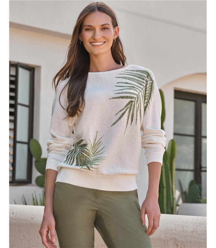 Fern Print Embellished Sweater