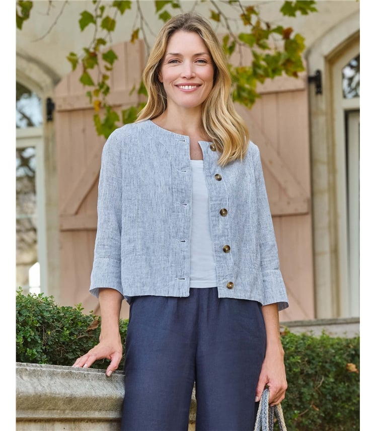 Collarless Lightweight Linen Blend Jacket