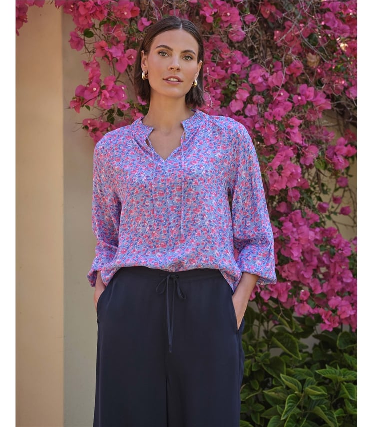 Watercolour Pansy Shirred Neck Blouse