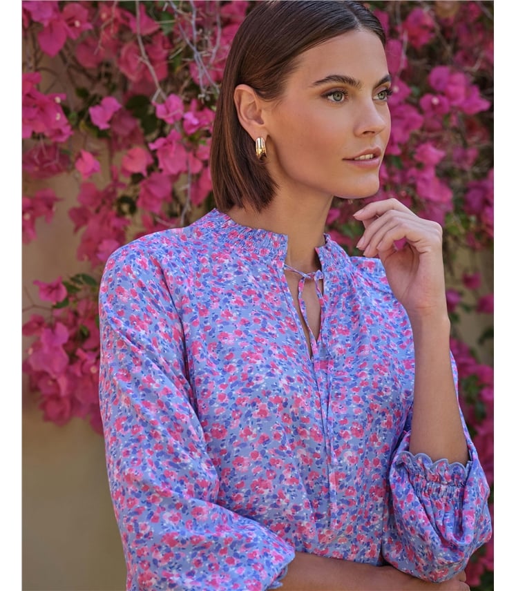 Watercolour Pansy Shirred Neck Blouse