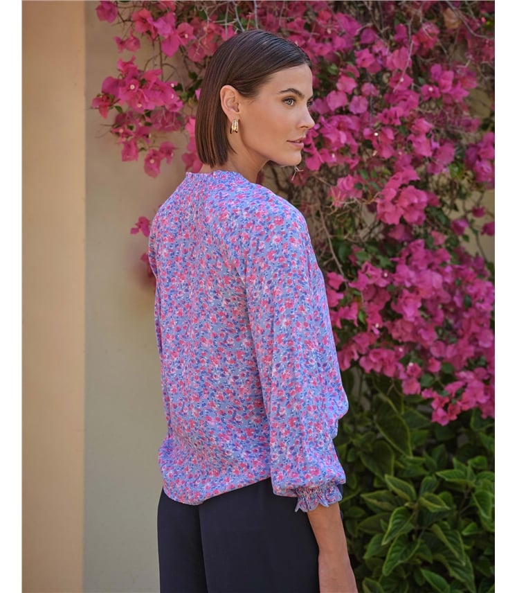 Watercolour Pansy Shirred Neck Blouse