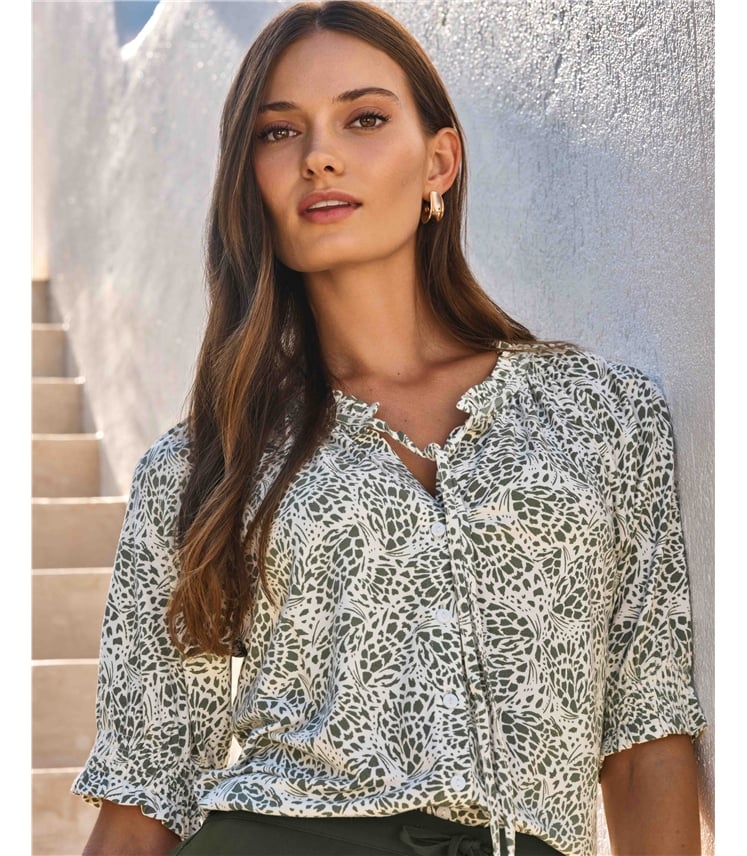 Short Sleeve Tie Frill Neck Blouse