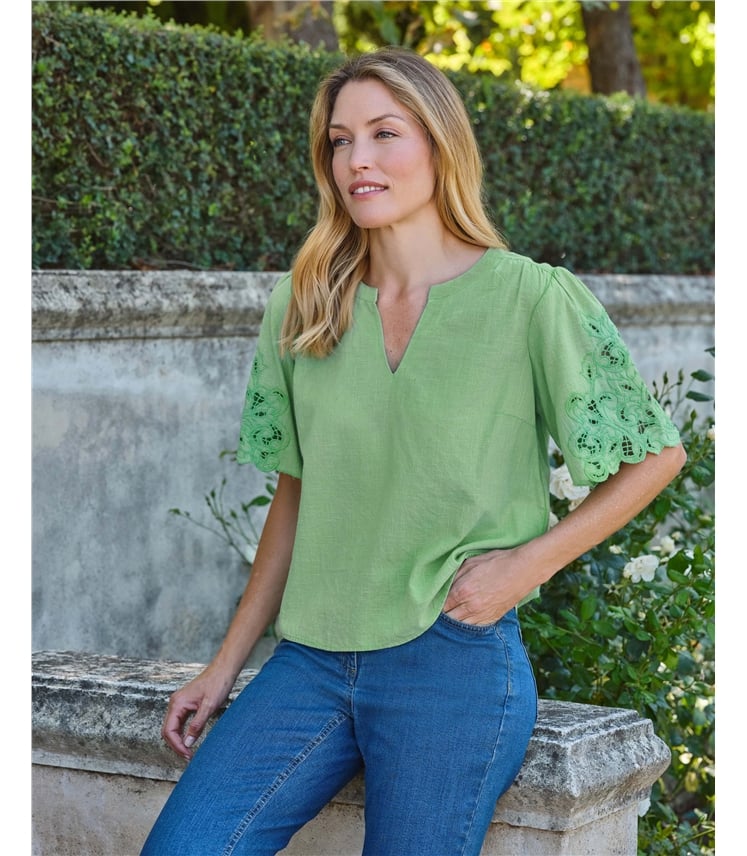 Cutwork Sleeve Notch Neck Top