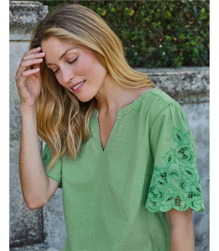 Cutwork Sleeve Notch Neck Top