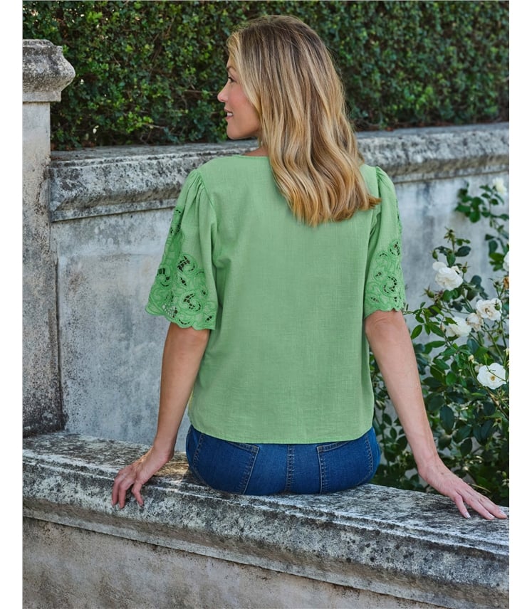 Cutwork Sleeve Notch Neck Top