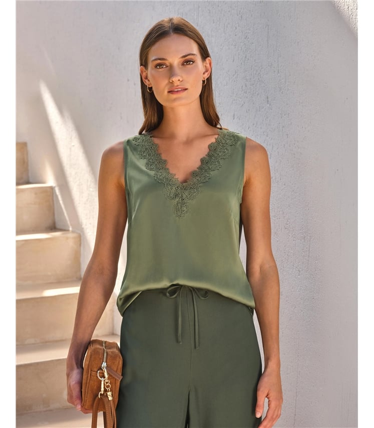 Lace Trim Silk Shell Top