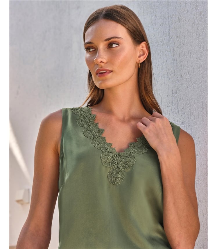 Lace Trim Silk Shell Top