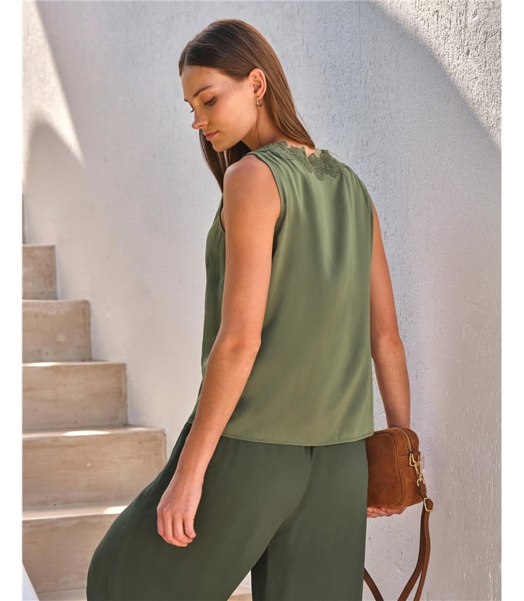 Lace Trim Silk Shell Top