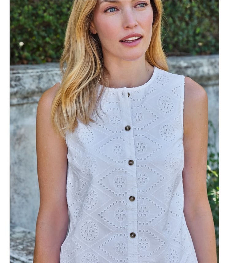 Sleeveless Broderie Button Through Top