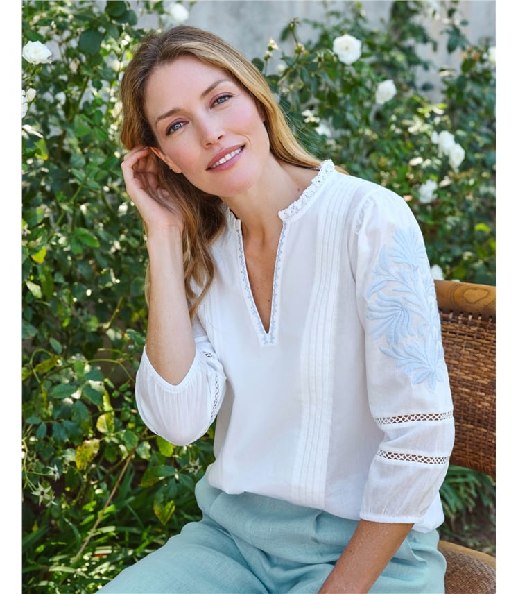 Haut à encolure en V et manches brodées - Femmes - 100 % coton